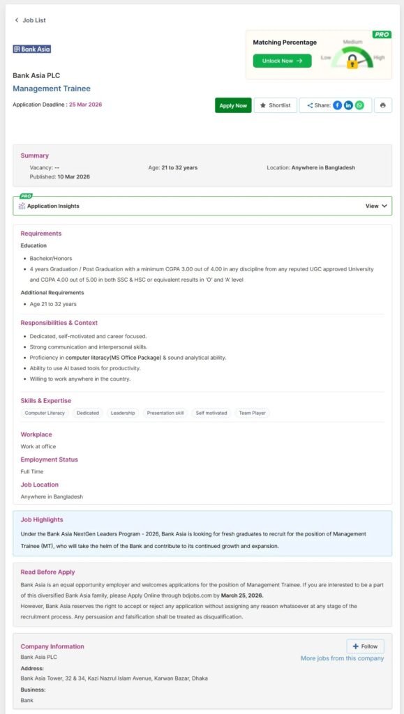 Bank Asia Job Circular 2026