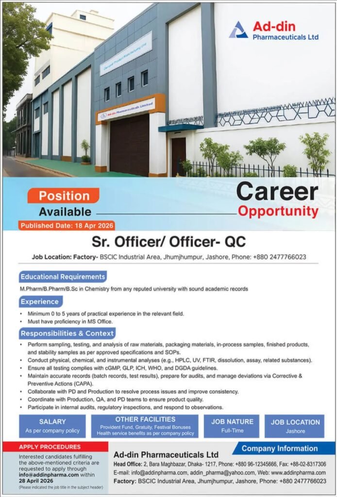 অ্যাড-দিন ফার্মাসিউটিক্যালস লিমিটেড নিয়োগ বিজ্ঞপ্তি ২০২৬: কিউসি বিভাগে ক্যারিয়ার গড়ার সুবর্ণ সুযোগ