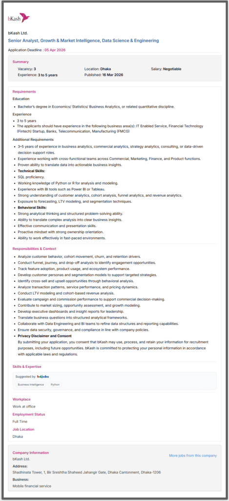 বিকাশ লিমিটেড নিয়োগ বিজ্ঞপ্তি ২০২৬ (bKash Job Circular 2026)