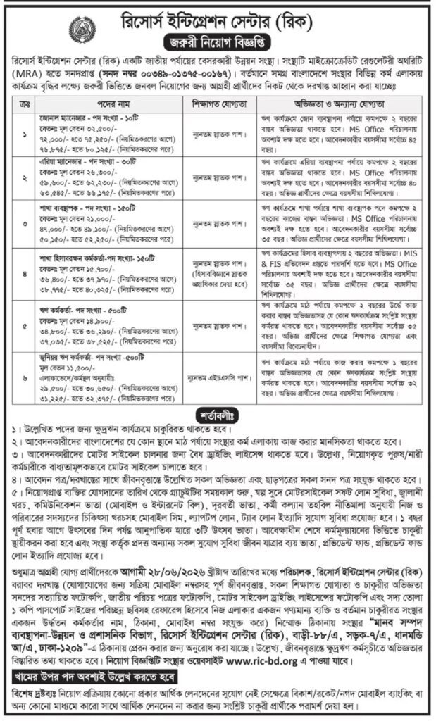 RIC NGO Job Circular 2026
