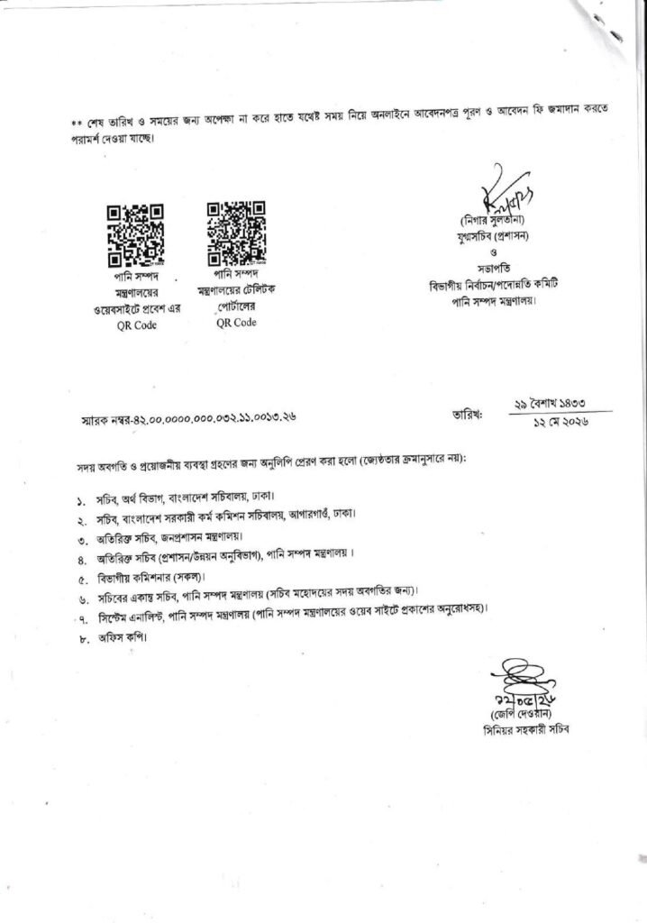 পানি সম্পদ মন্ত্রণালয় নিয়োগ বিজ্ঞপ্তি ২০২৬