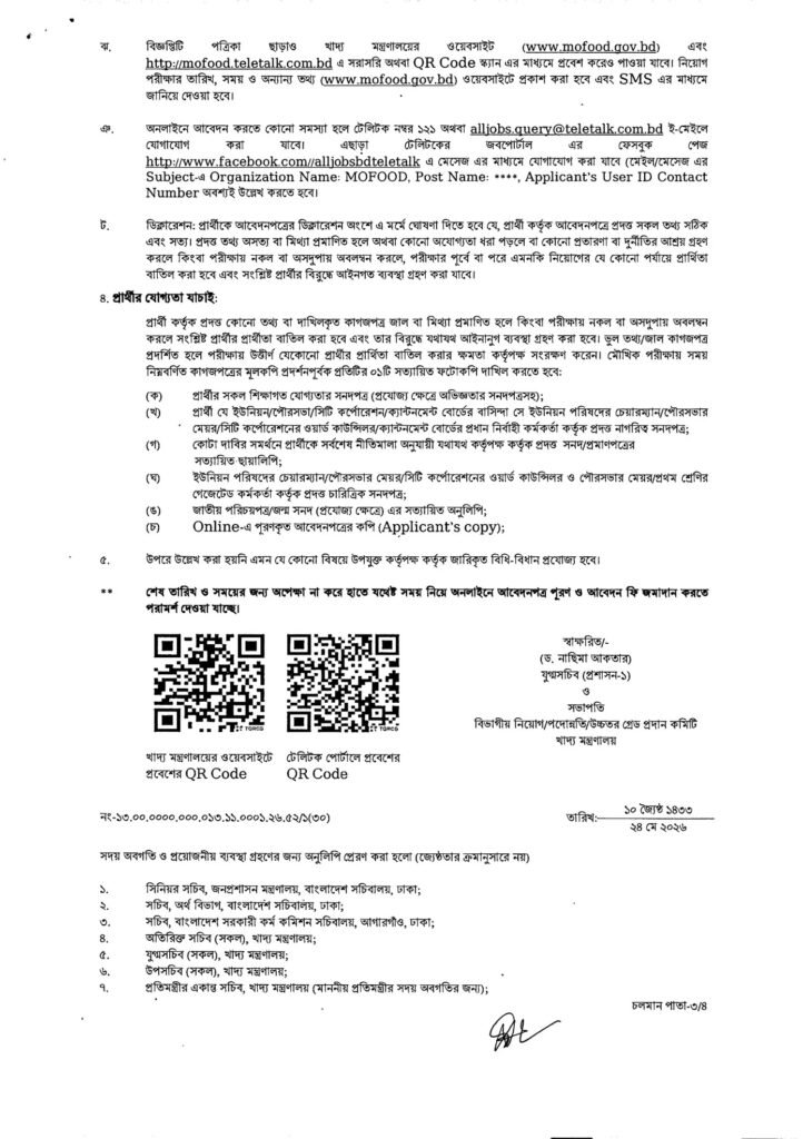 খাদ্য মন্ত্রণালয় নিয়োগ বিজ্ঞপ্তি ২০২৬